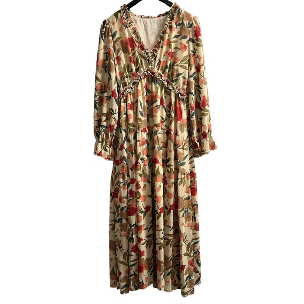 Womens Floral Dress Brown Sheer Chiffon Babydoll Tiered Ruffle Maxi Size XL